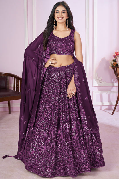 purple lehenga choli with petite coat under dress front view