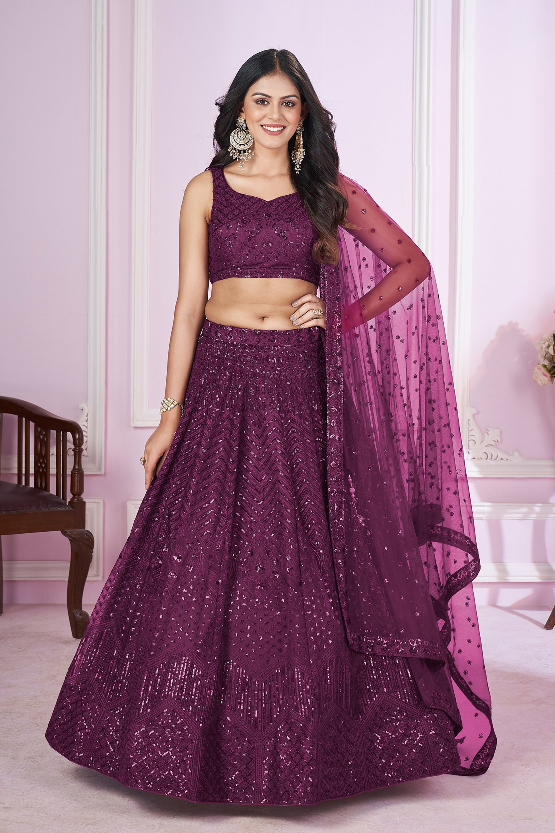 traditional purple lehenga choli full outfit view