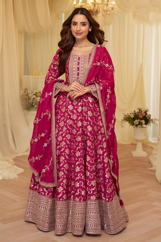 Front view of pink anarkali dresses with heavy embroidery work