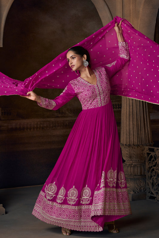 Pink anarkali gown front view with embroidery detail