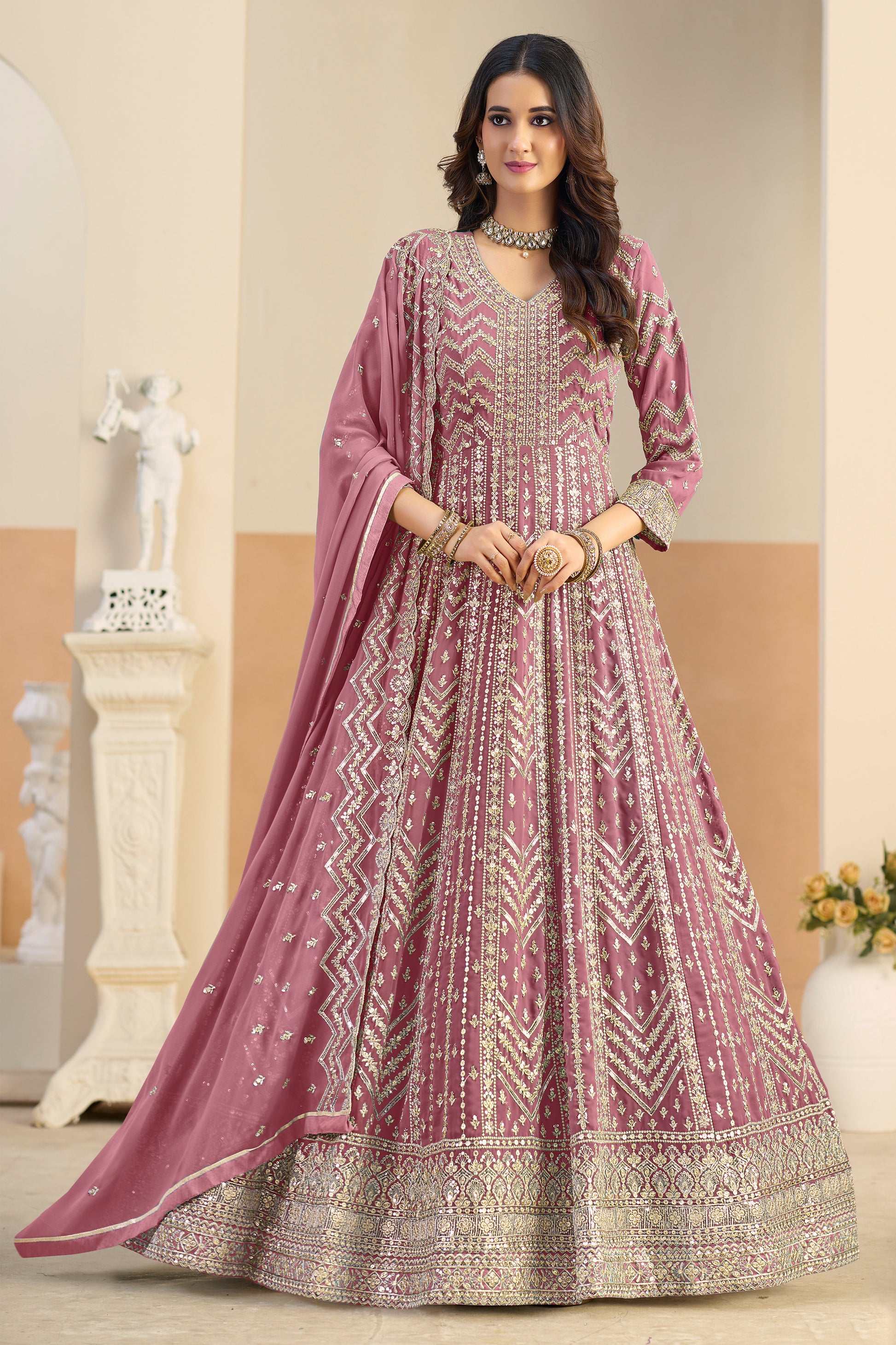 Pink Anarkali gown in light pink front view