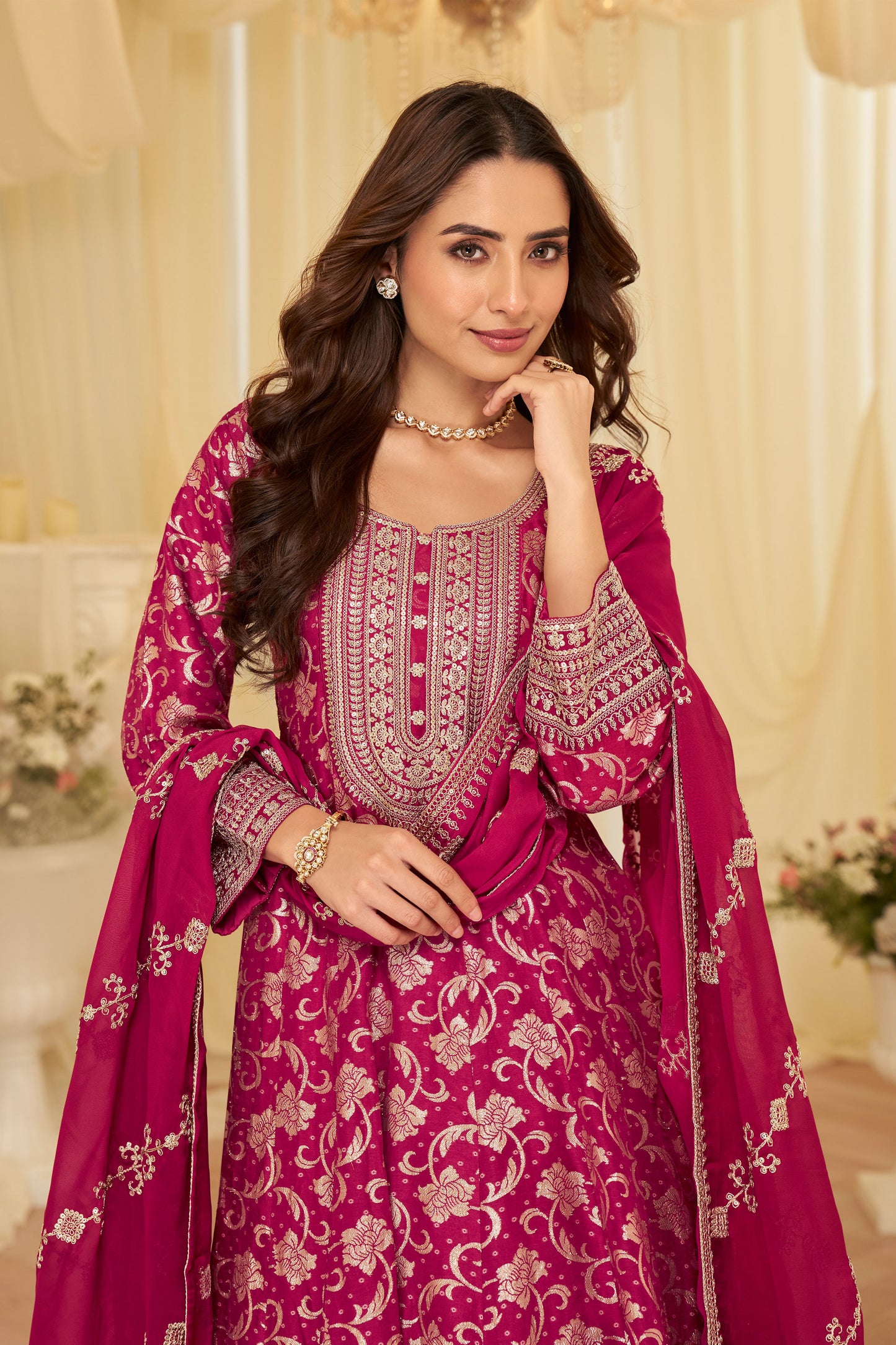 Full outfit view of pink anarkali gown for wedding events