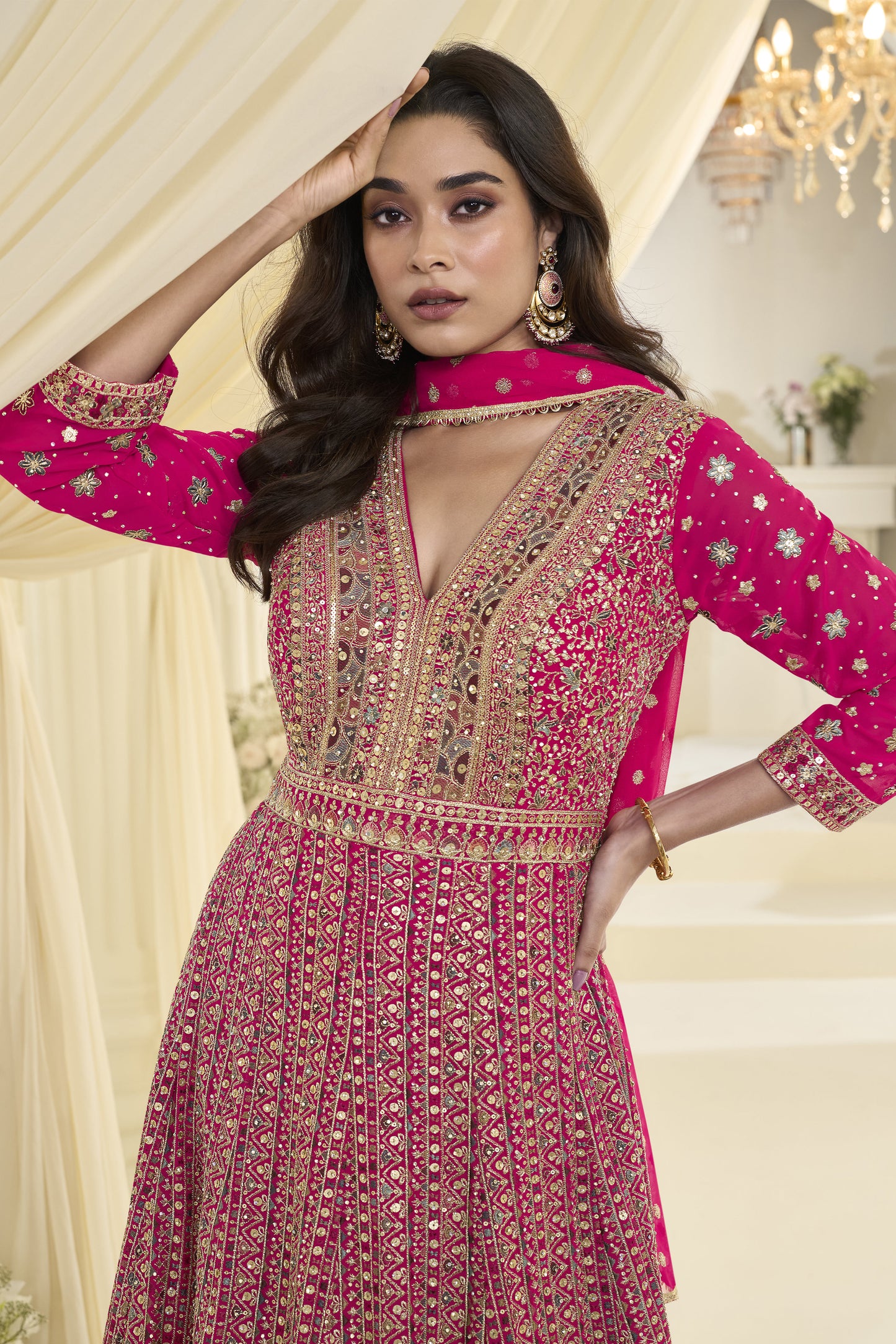 Close up of pink georgette anarkali fabric texture