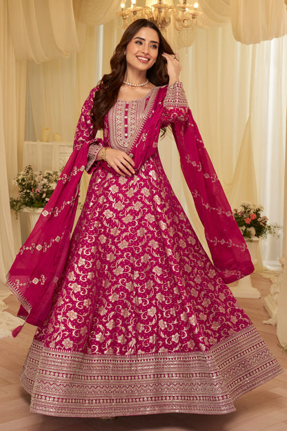 Pink anarkali dresses shown with a matching jacquard silk dupatta