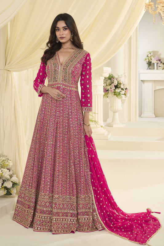 Pink anarkali suits front view in georgette fabric