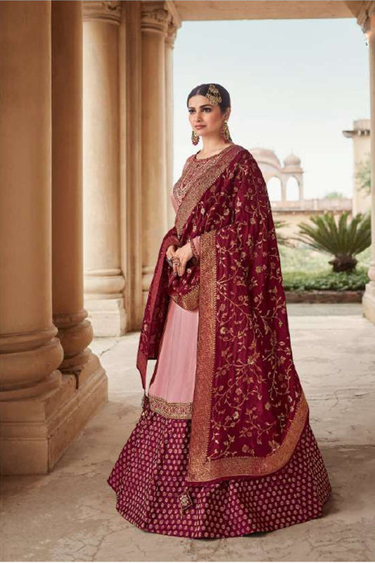 Pink bridal lehenga choli front view with jacquard pattern
