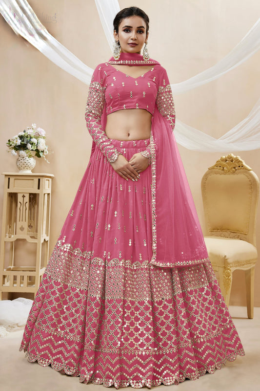 Pink chaniya choli full front view with dupatta
