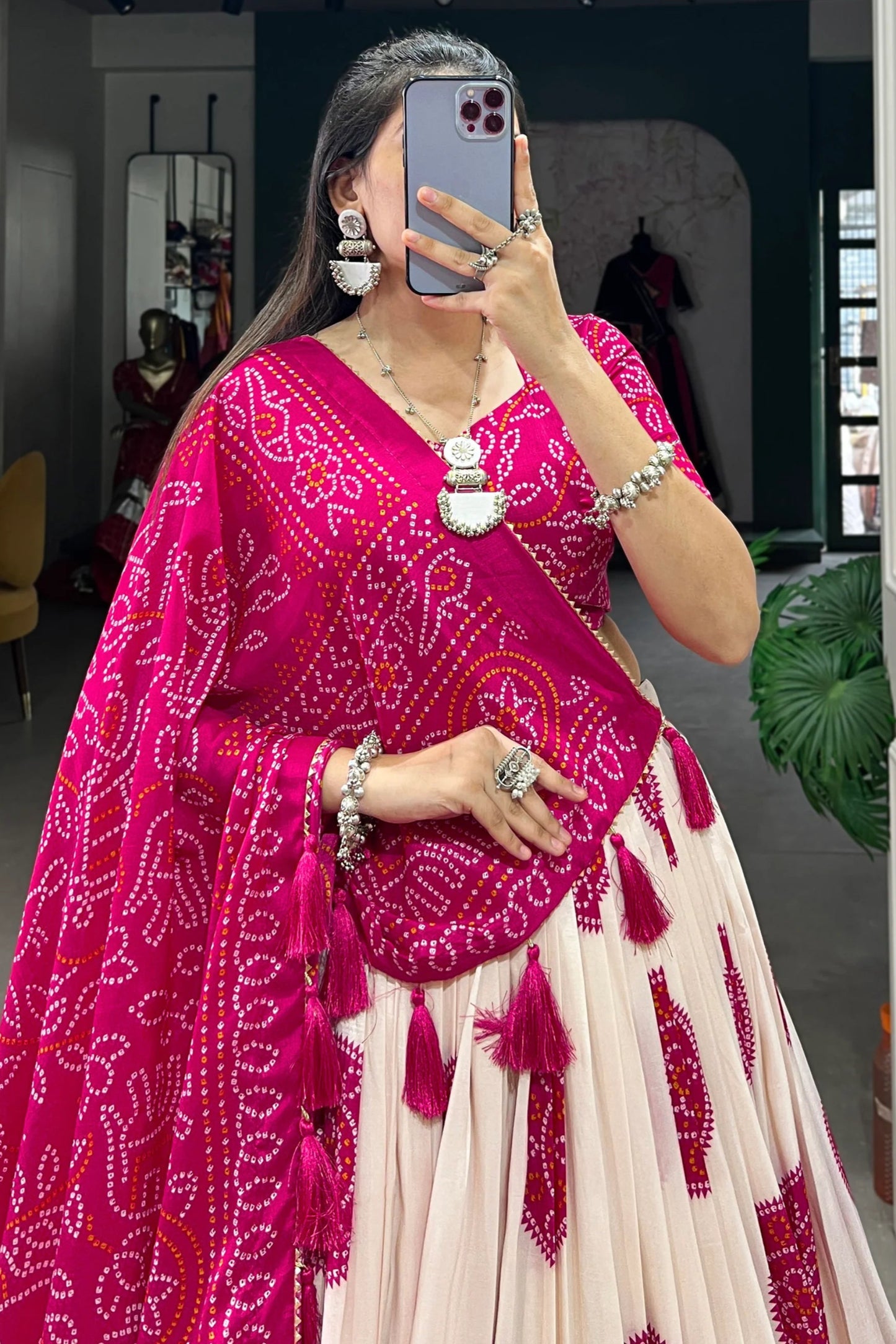 pink choli blouse close up with printed pattern