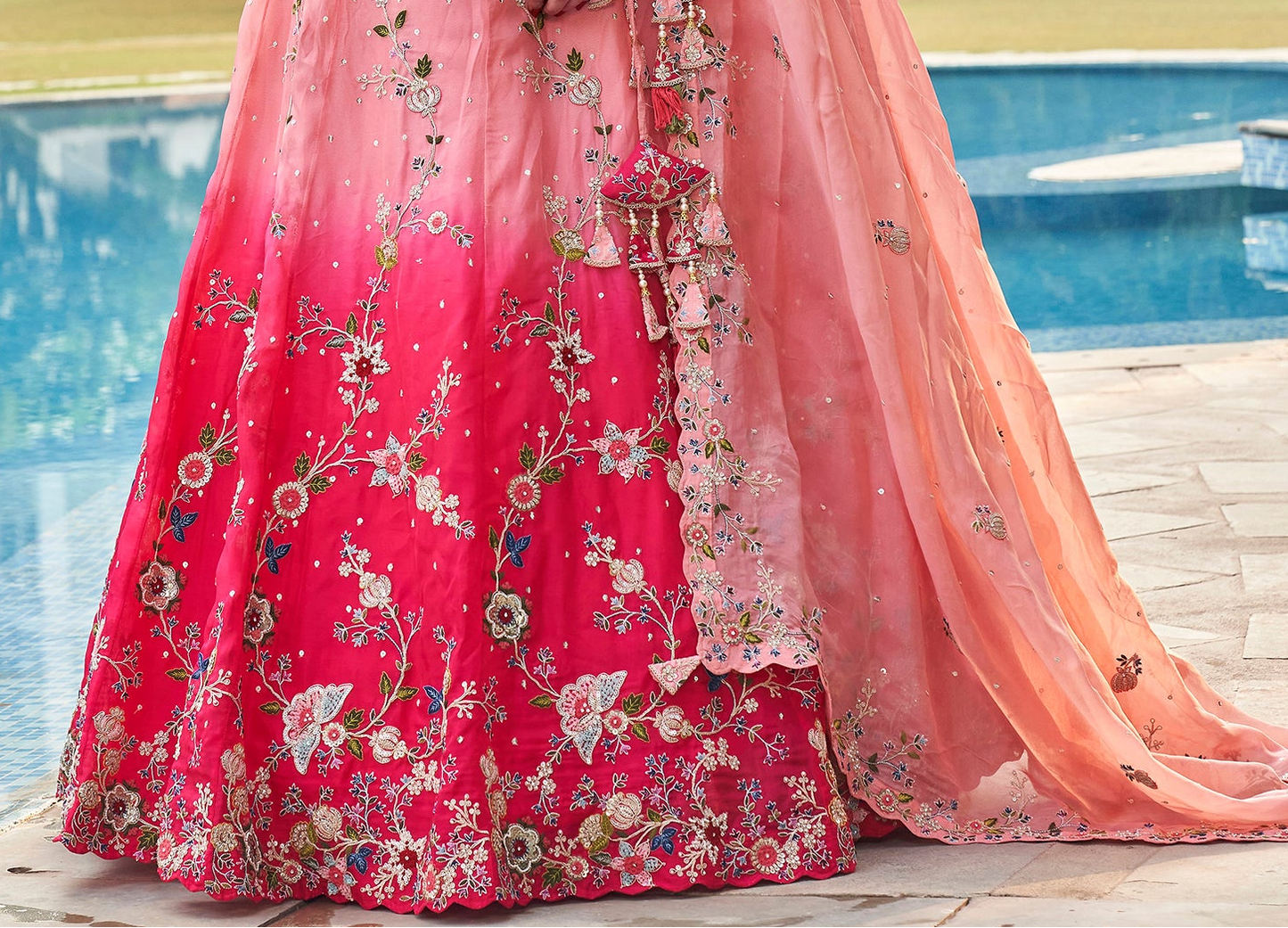 Detailed floral coding embroidery on lehenga fabric
