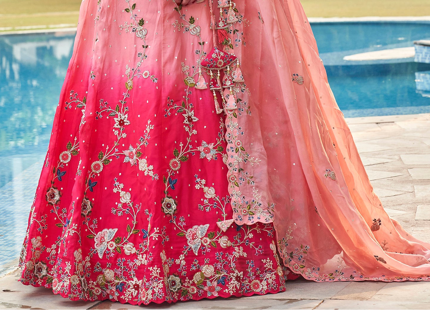 Detailed floral coding embroidery on lehenga fabric