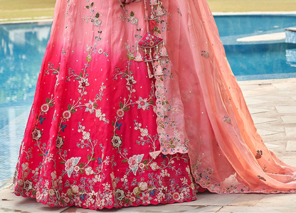 Detailed floral coding embroidery on lehenga fabric