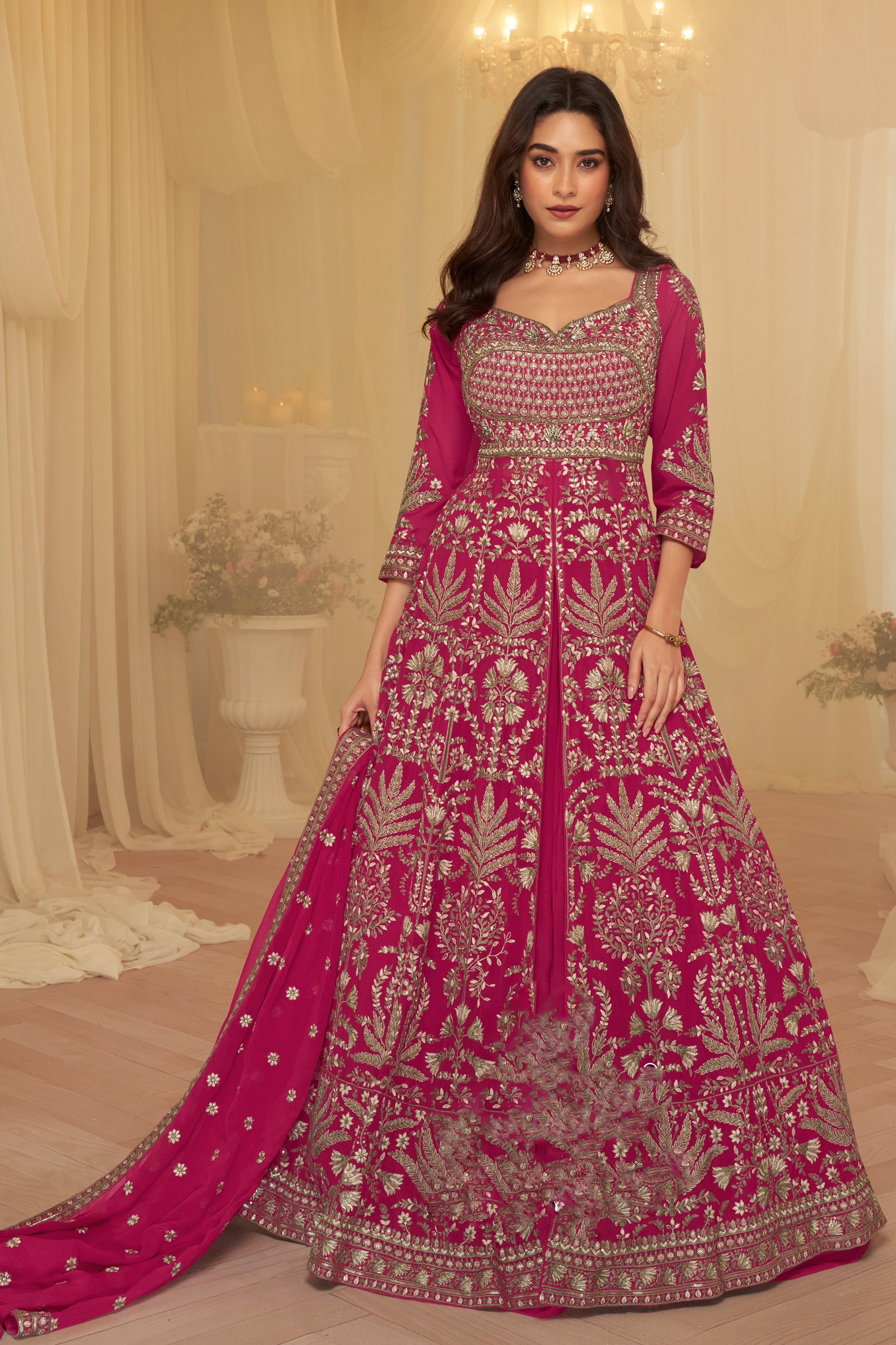 Bright pink Anarkali gown front view with embroidered work