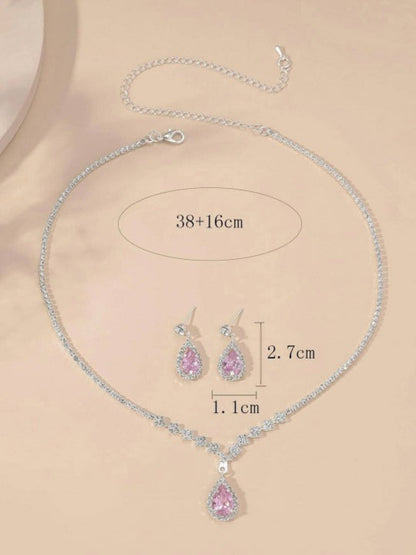 minimal silver finish jewelry set with pink stones