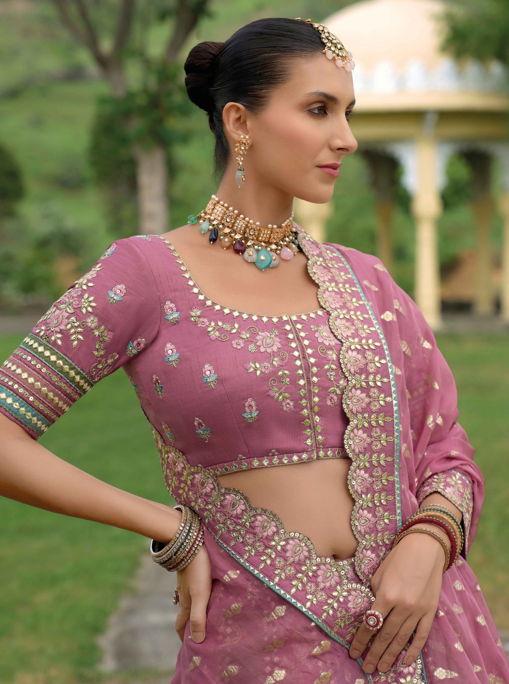pink lehenga dupatta drape with embroidered border