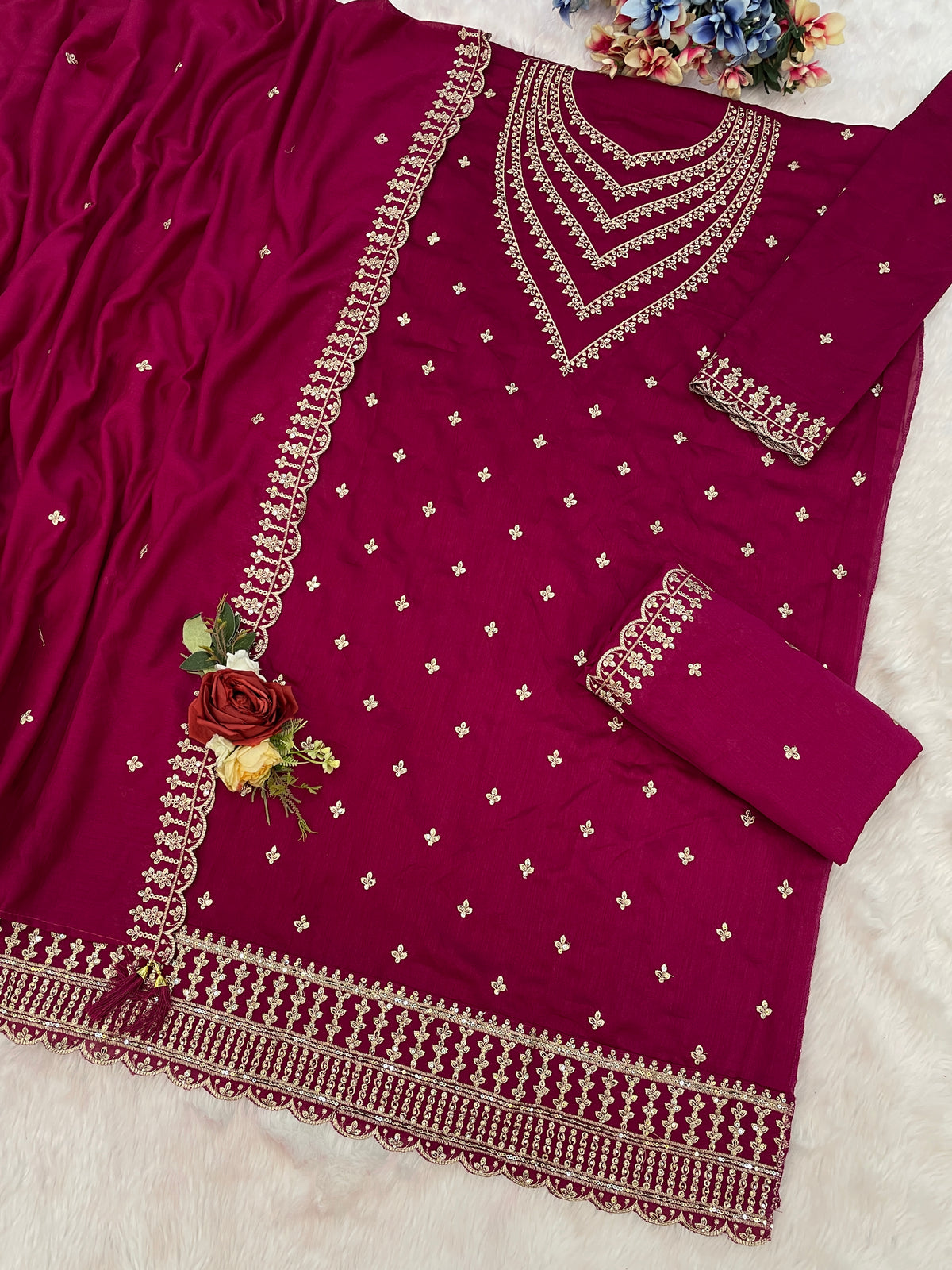 Pink dupatta detail with matching Fancy Blooming Vichitra fabric