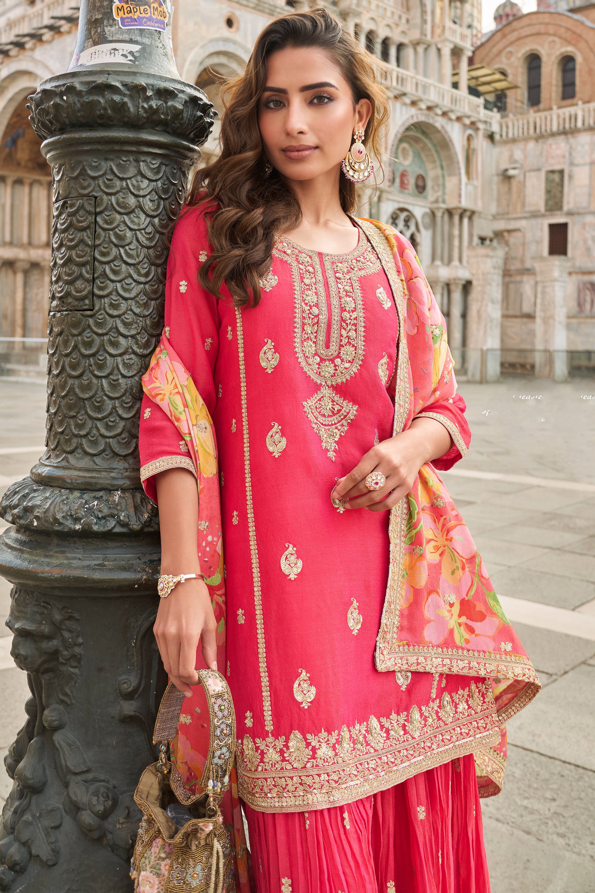Pink salwar kameez for women with flared sharara style