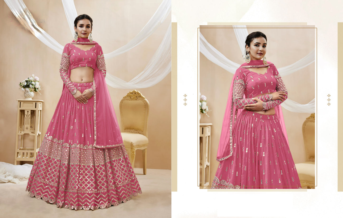 Dupatta drape styling over pink lehenga set