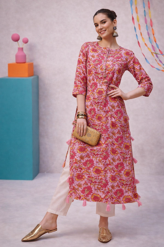 pink floral print kurti front view in cotton