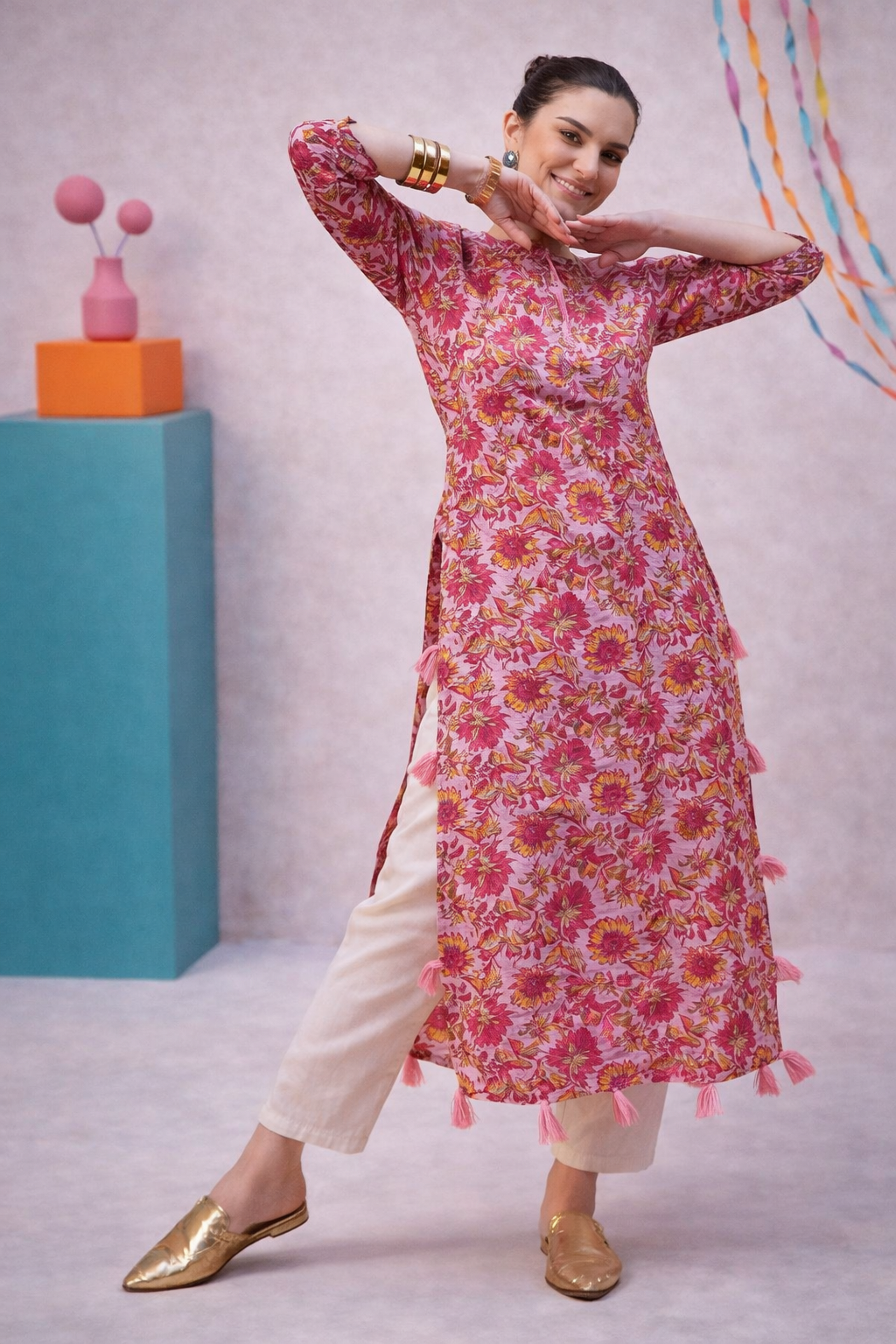 soft cotton pink kurti sleeve detail