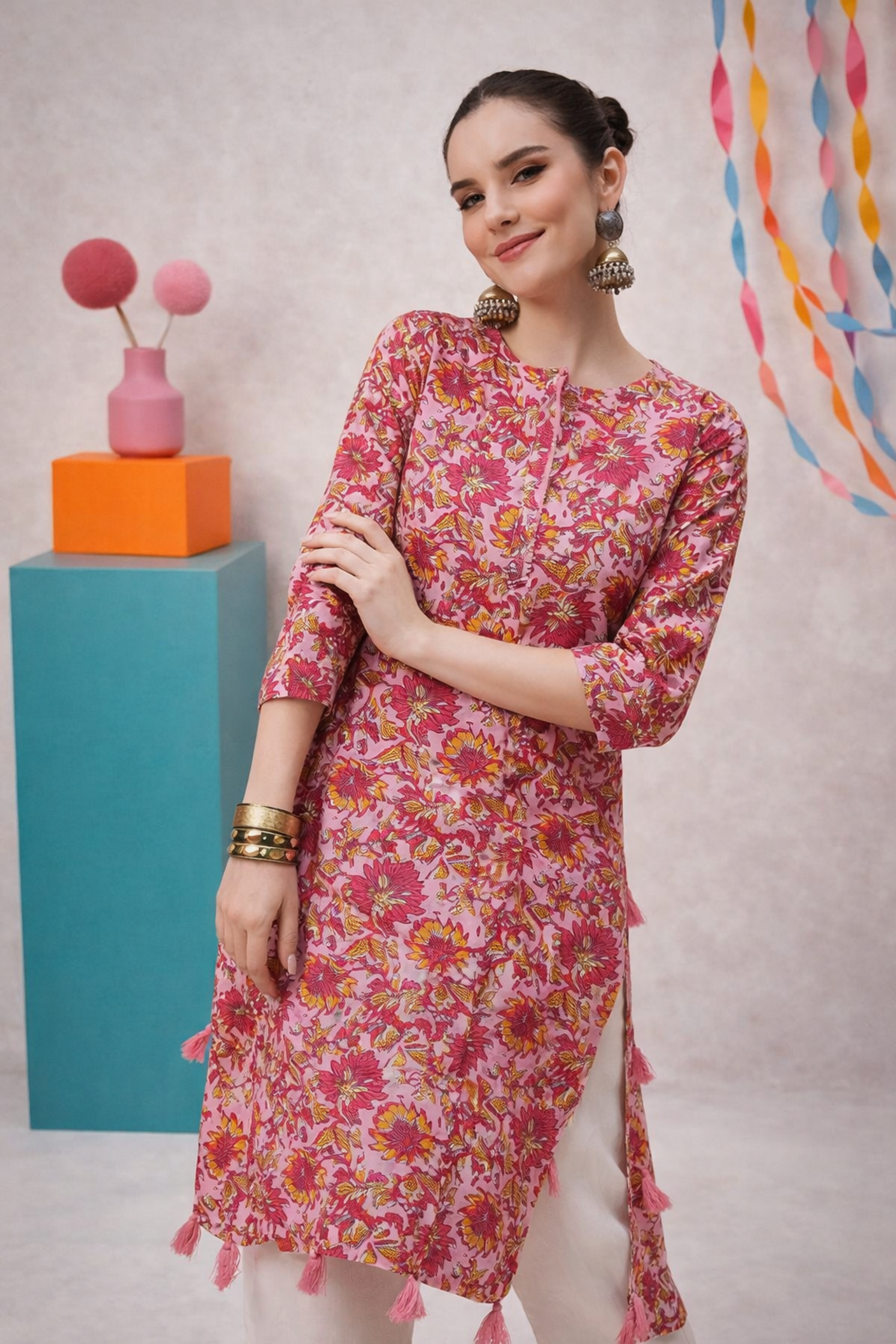 pink floral kurti full length front angle