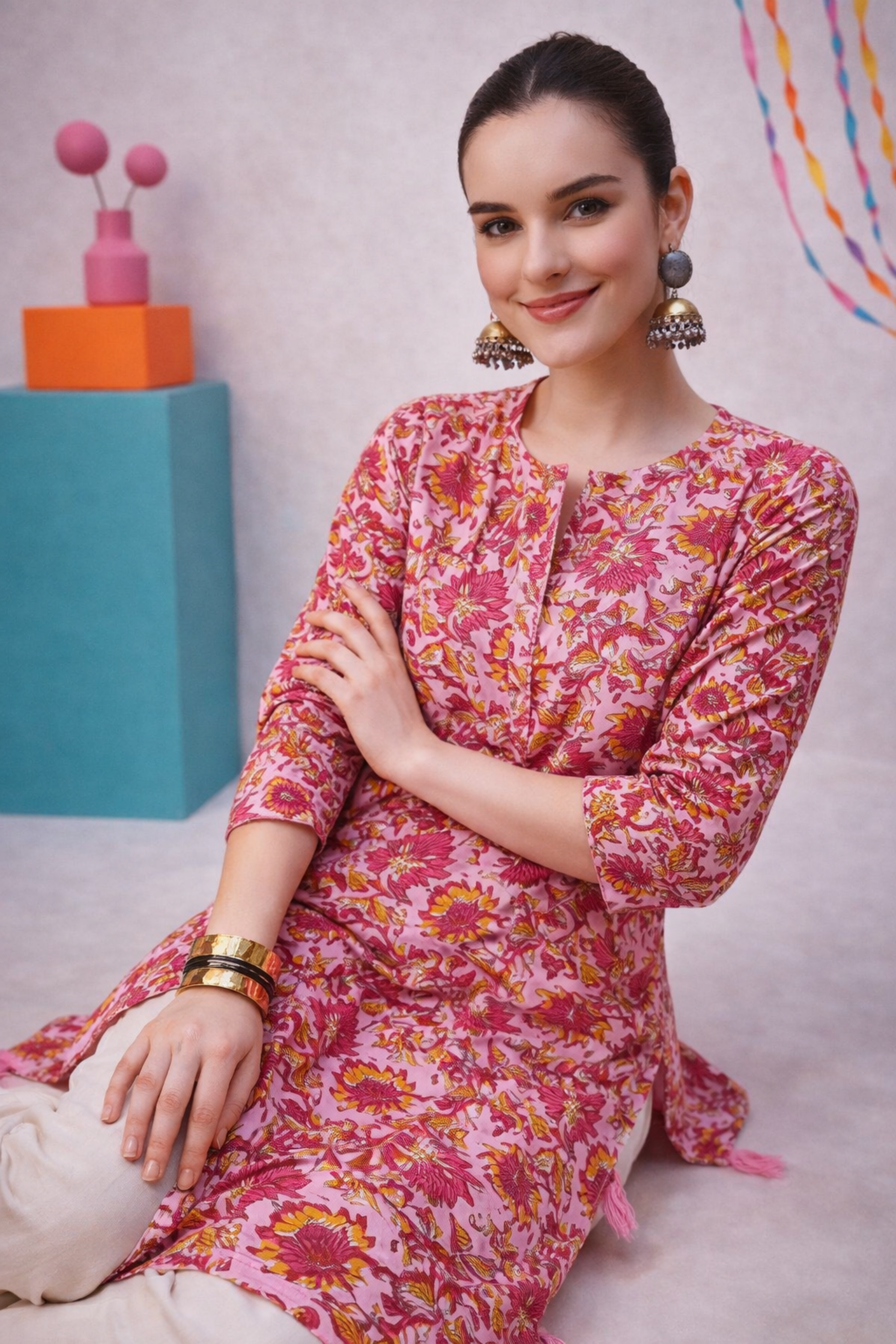 pure cotton kurti with floral design close up