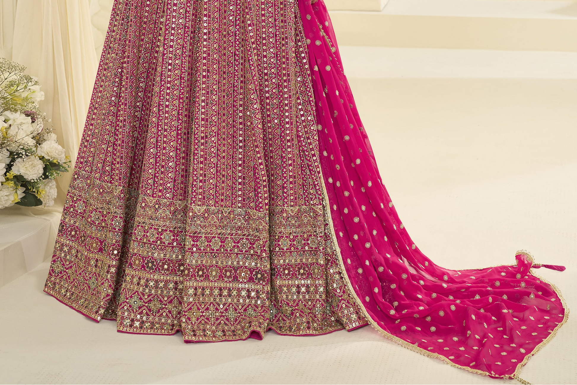 Close up of pink georgette anarkali fabric texture