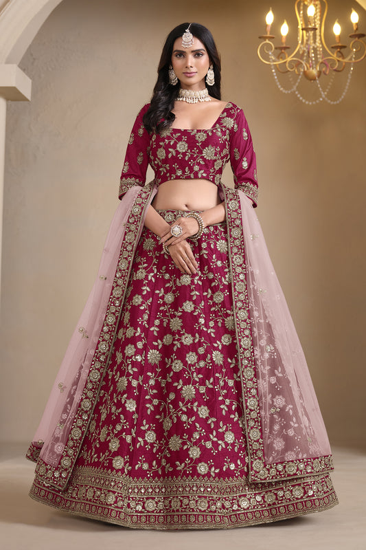 Pink ghagra chaniya choli with embroidery front view