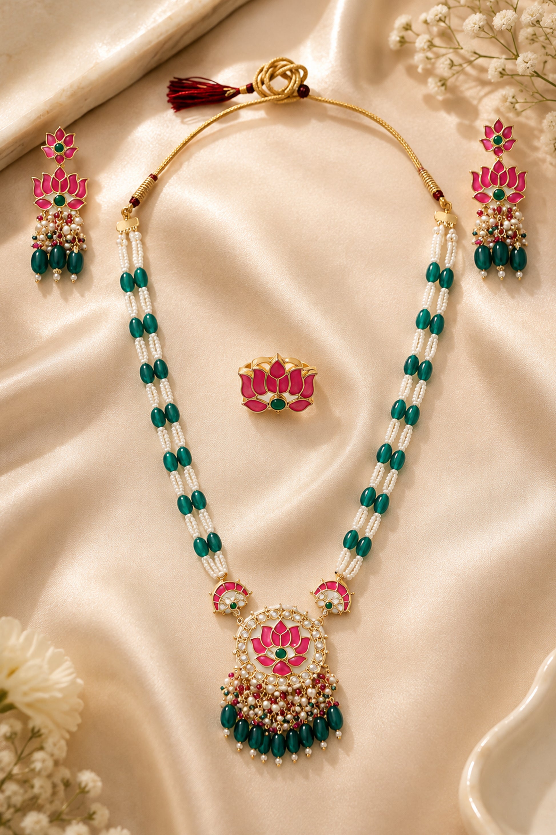 Close view of circular floral pendant with clear stones and green drop beads