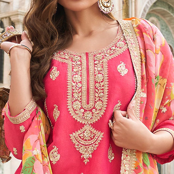 Neckline detail of embroidered pink kameez