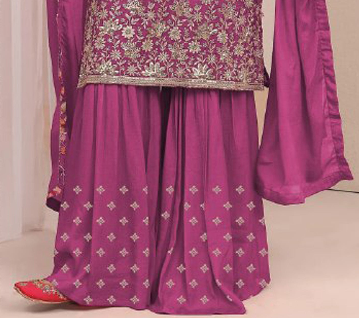 Heavy Chinon fabric detail on pink sharara suit