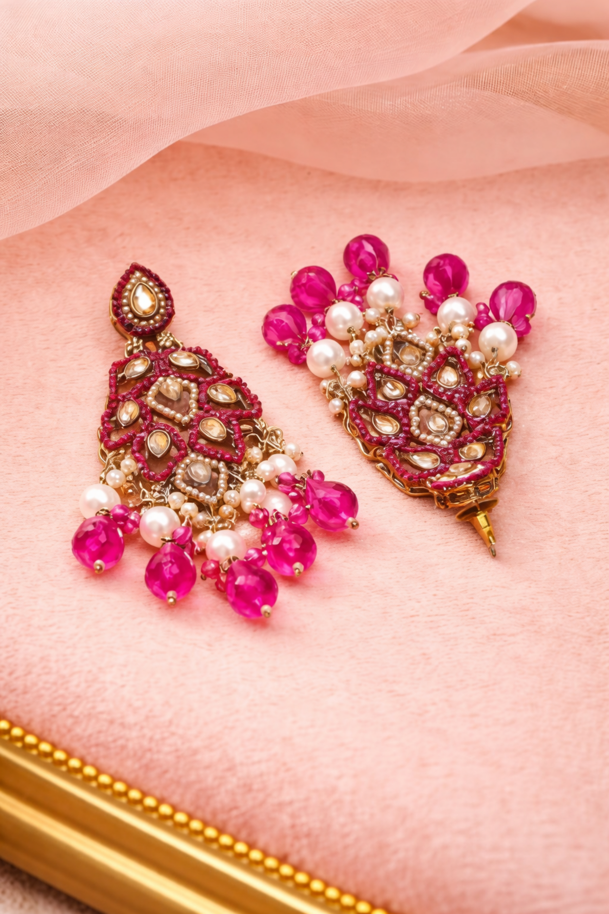 bridal pink drop earrings close up detail