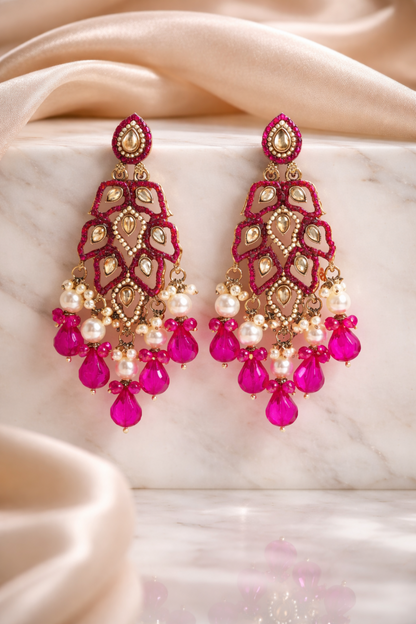 pink kundan chandelier earrings with pearl drops