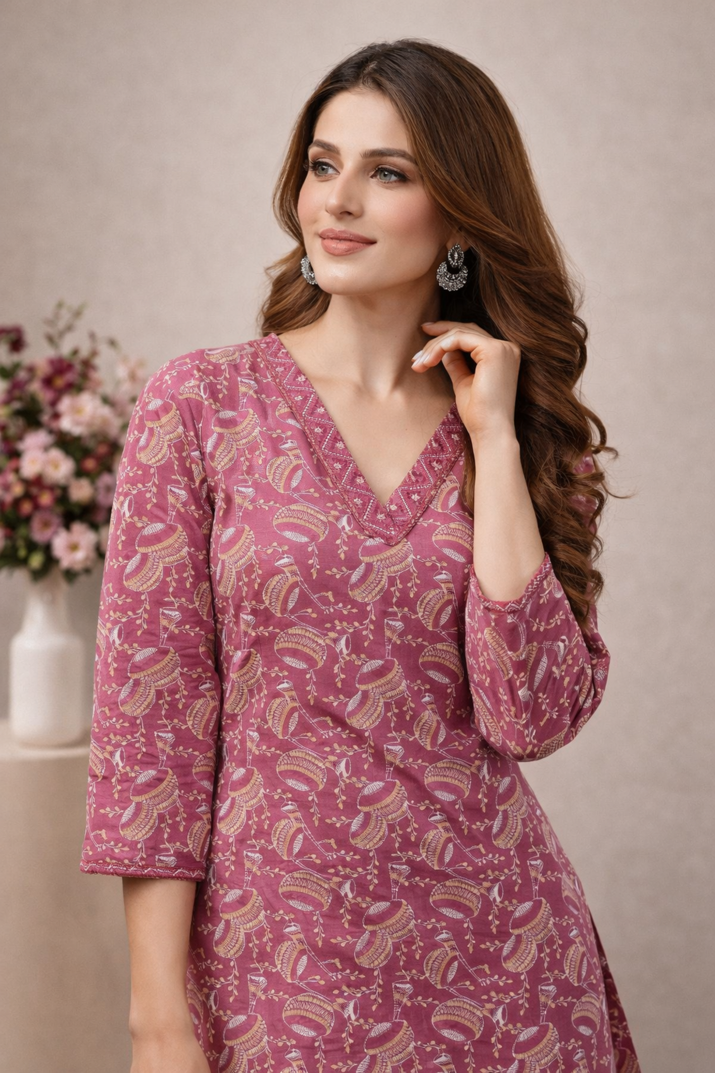 v neck pink kurti cotton printed detail close up