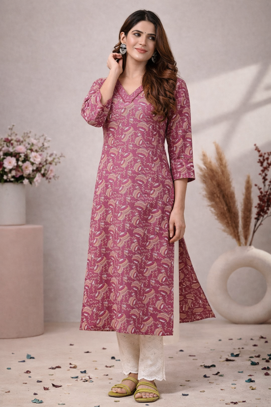 pink kurti for women ethnic motifs print front view
