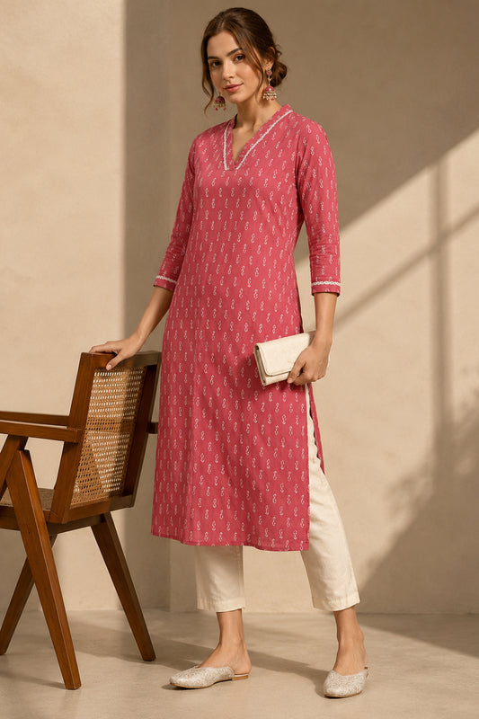 Pink kurti with ethnic motifs printed design and white pants