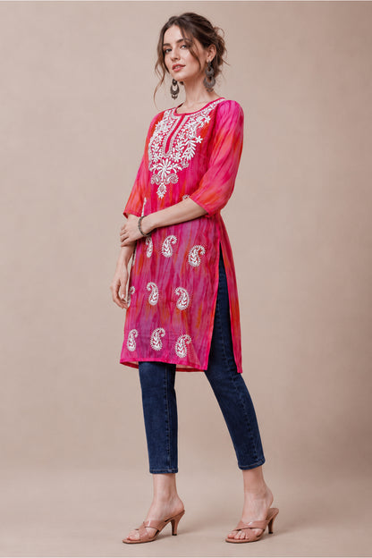 Front pose of kurti for women with embroidered front panel
