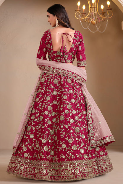 Back view of pink embroidered lehenga choli set