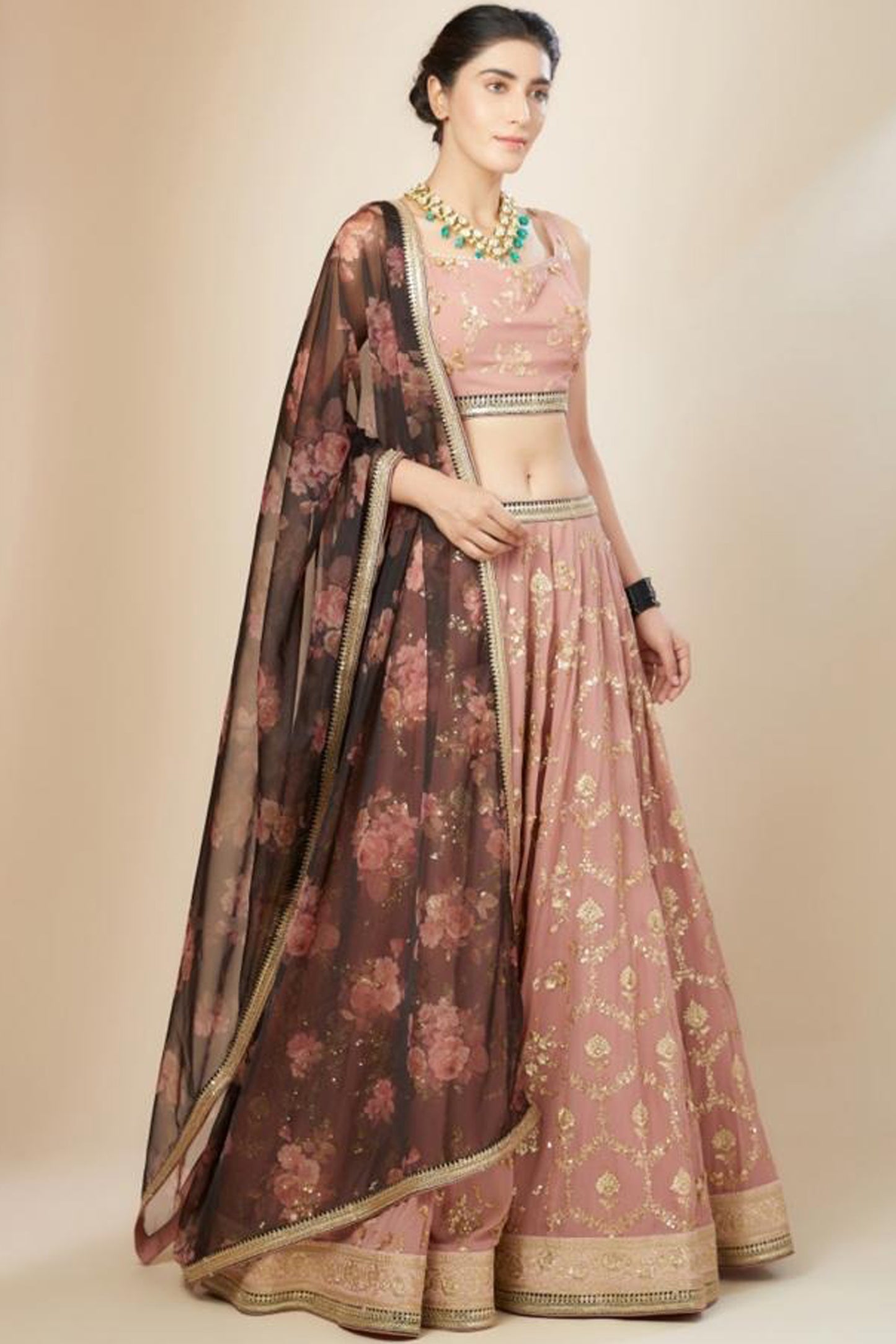 pink lehenga choli dusty rose georgette zari embroidery sangeet look