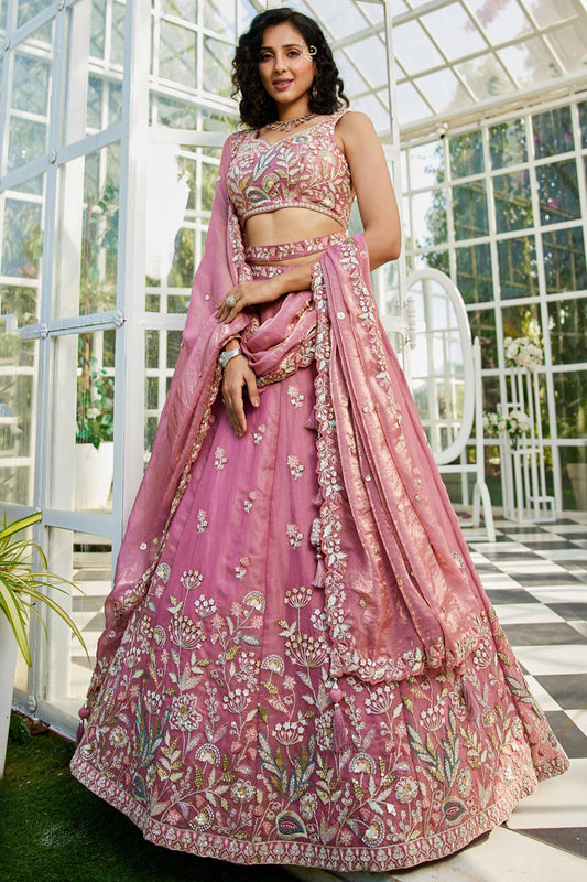 pink lehenga choli front view with sequins embroidery