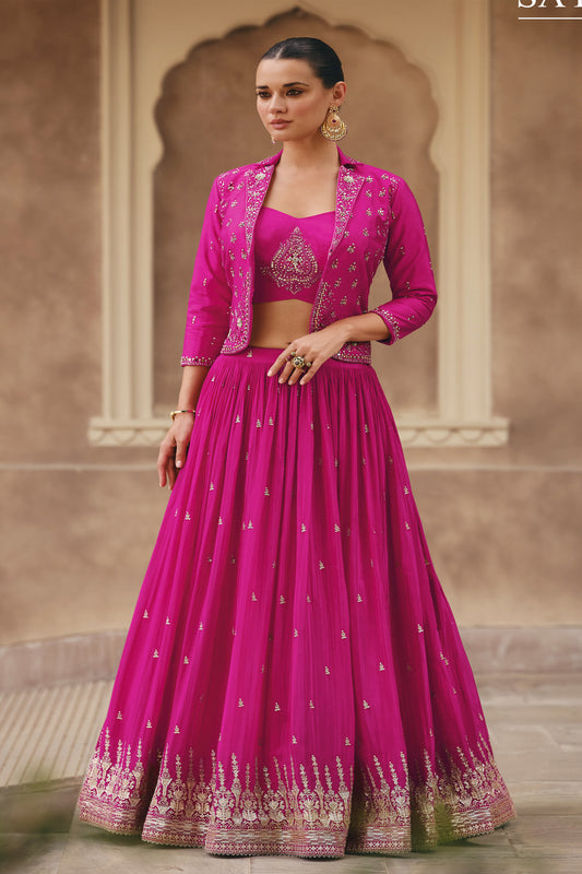 Pink lehenga choli front view with embroidery and koti layer