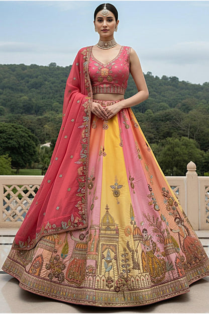 pink lehenga choli front view with embroidery lace work