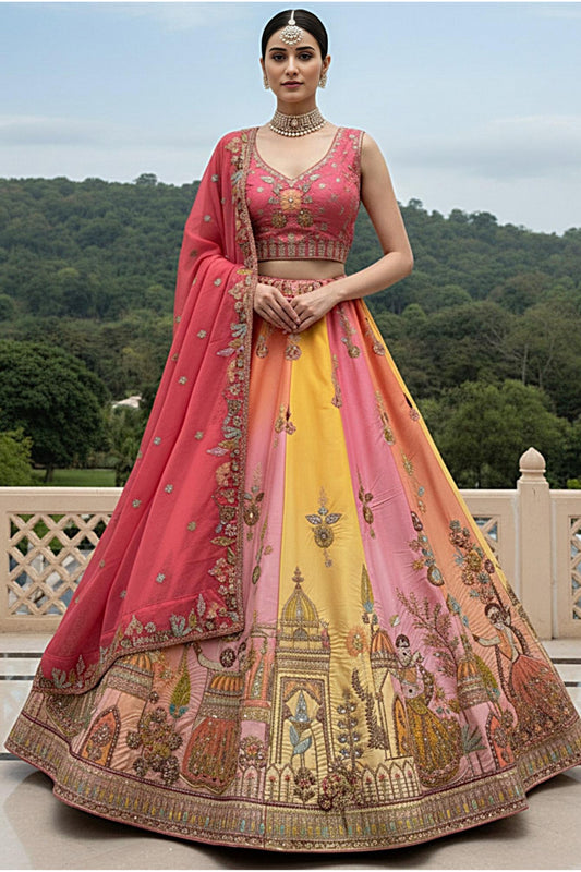 pink lehenga choli front view with embroidery lace work