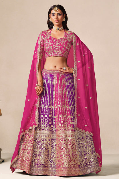 Pink lehenga choli with heavy embroidery front view