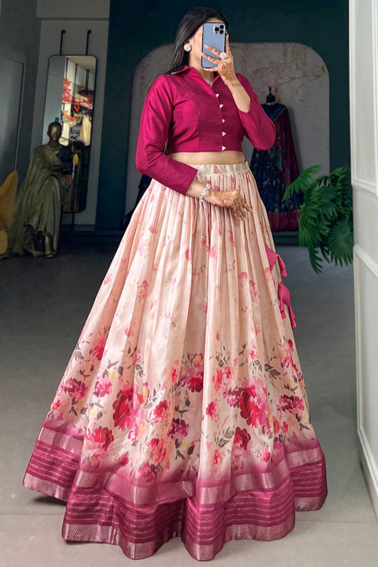 Pink lehenga full front view with foil print detailing