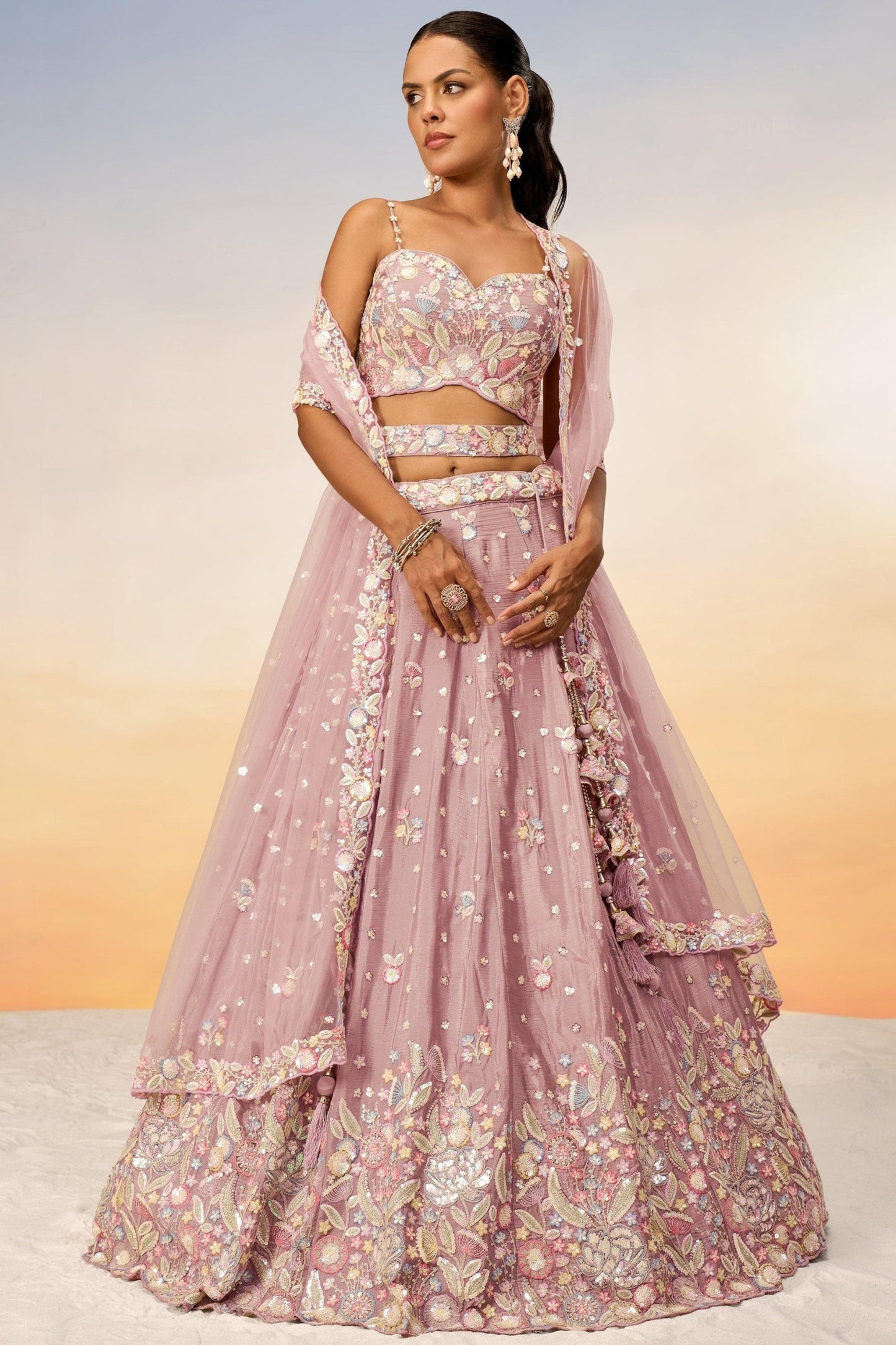 Pink lehenga choli front view with chiffon drape