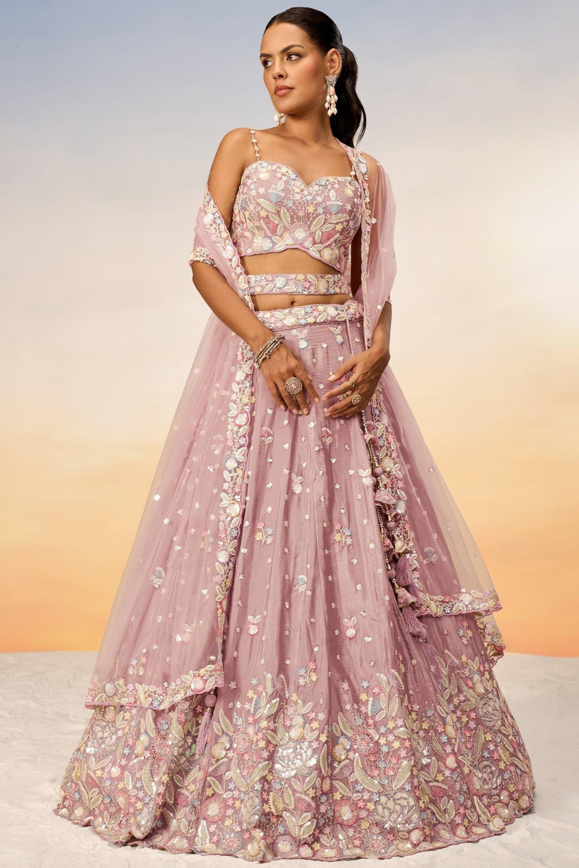 Pink lehenga choli front view with chiffon drape