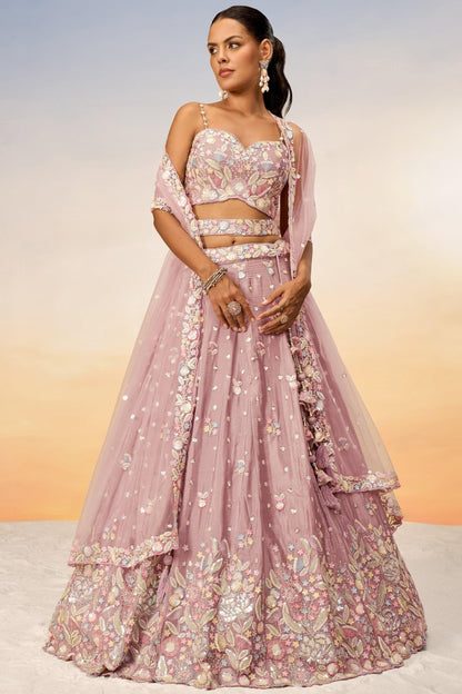 Pink lehenga choli front view with chiffon drape