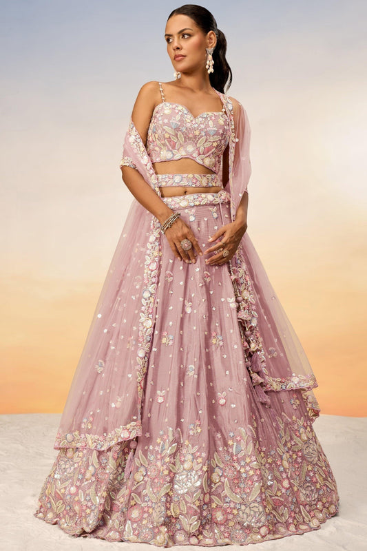 Pink lehenga choli front view with chiffon drape