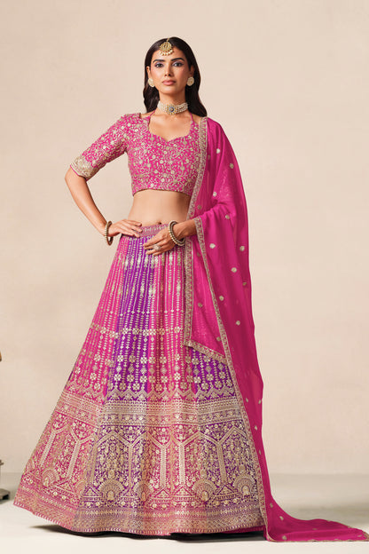 Full front view of a pink embroidered lehenga choli