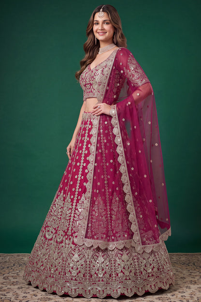 Left Side view of pink lehenga choli with embroidered details